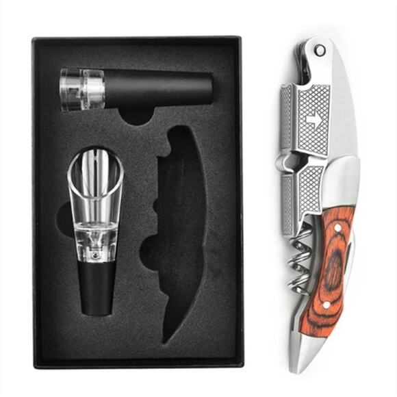 NEW three piece gift set wine opener corkscrew stopper pourer Wood & steel B194 - Picture 1 of 2
